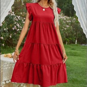 Neon red slant pocket smock dress